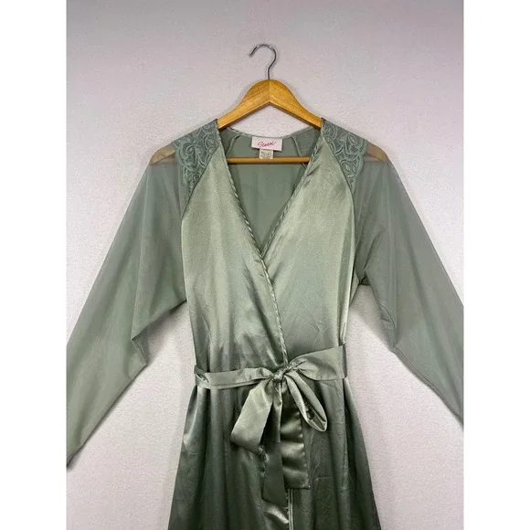 Vintage Regencycore Scaasi Womens Petite Sage Green Satin Lace Wrap Robe Pockets - Picture 9 of 10